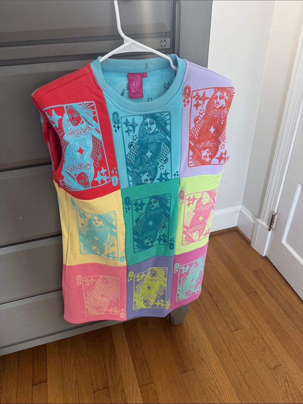 Womens QUEEN OF SPARKLES Multicolor Patchwork Playing Card Tank Top